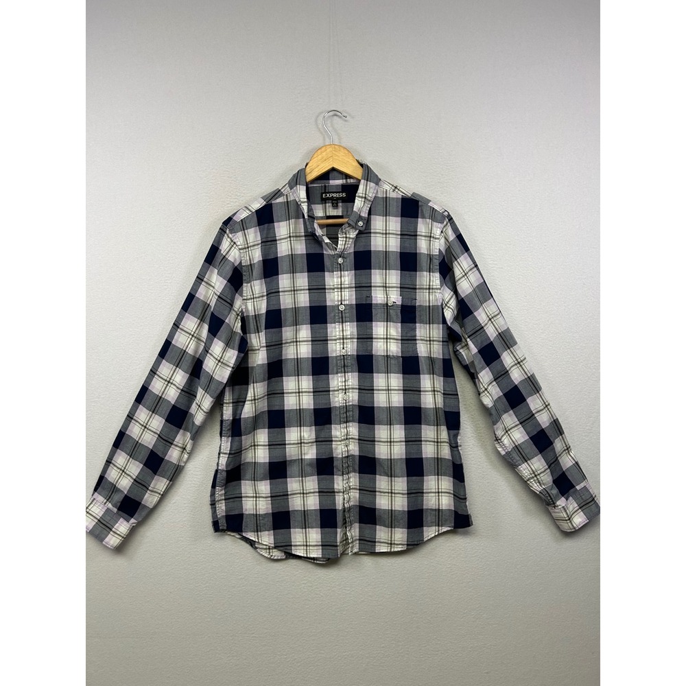Express Preppy Dark Academia Mens Large Navy White Plaid Button‎ Down Shirt